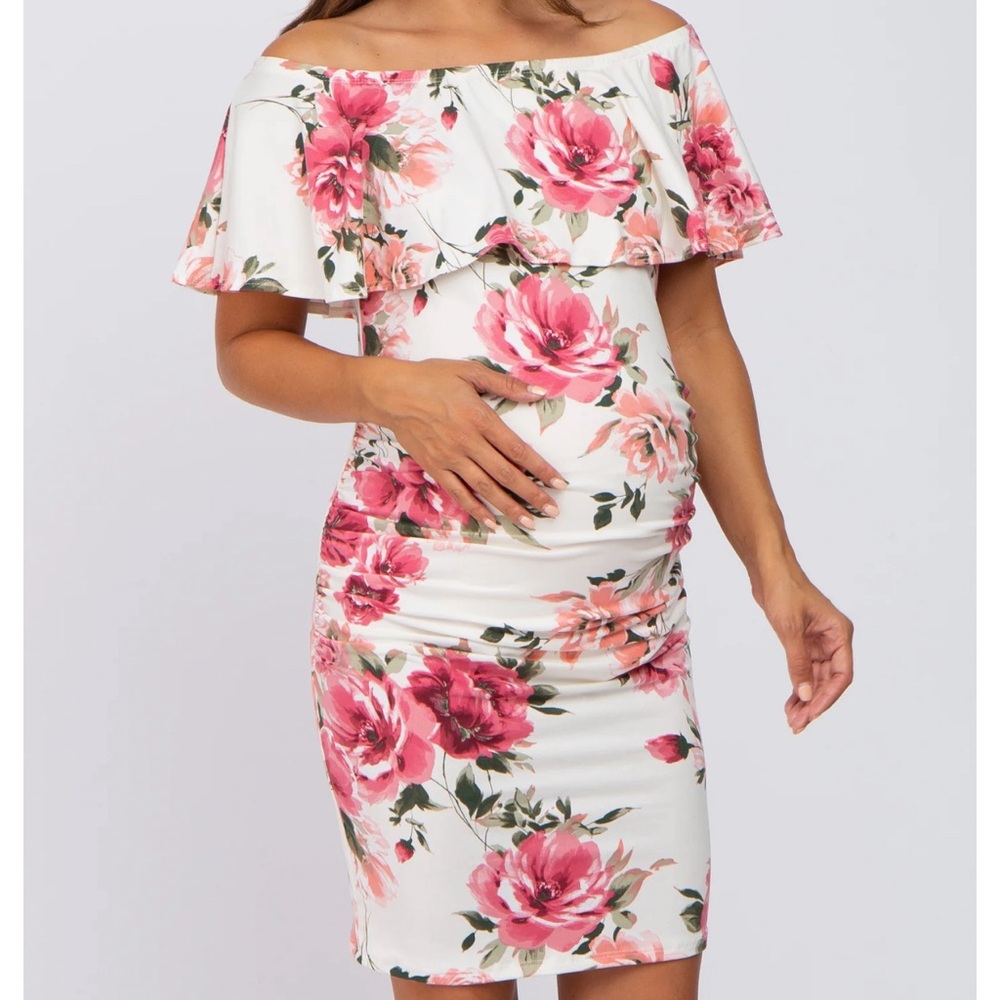Pinkblush Cream Floral Off Shoulder Maternity Fitted Dress